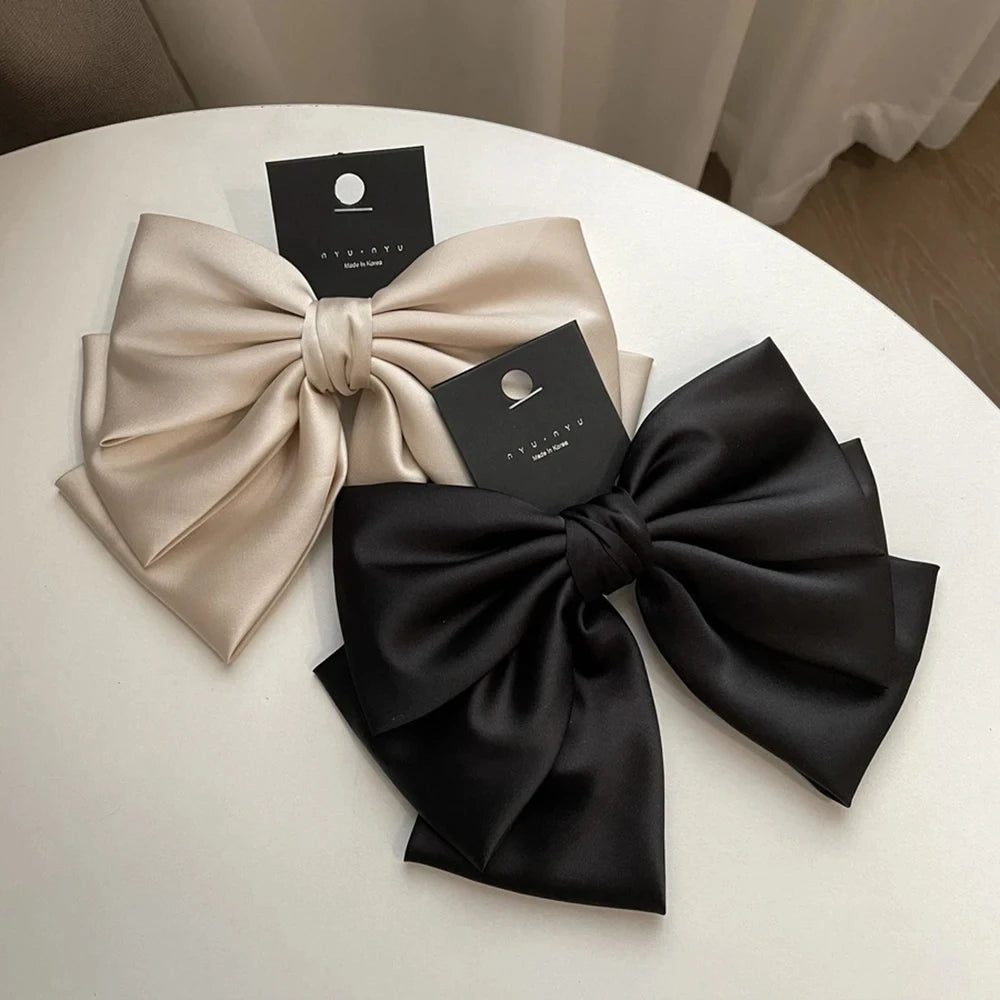 Female Satin Bow Hairpin Ponytail Clip Two-Layer Bowknot Ribbon Spring Clip Temperament Accessories Korean Fashion Elegant