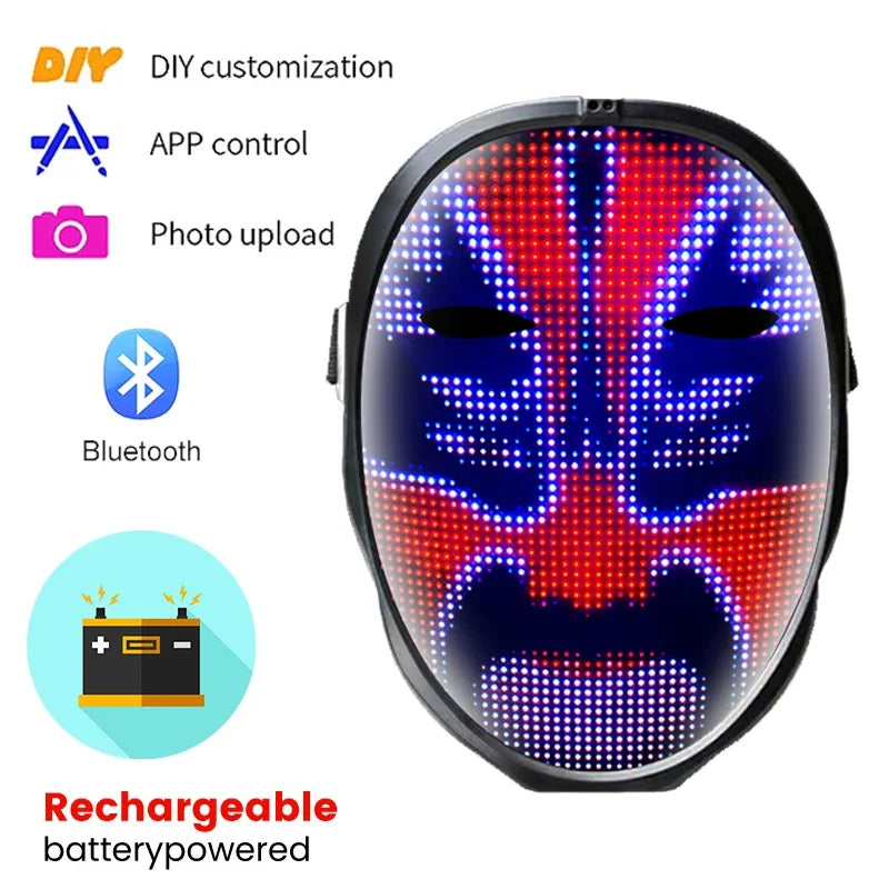 Halloween LED Display Programmable Mask LED Bluetooth RGB Light up Party DIY Photo Editing Animated Text Prank Concert Mask