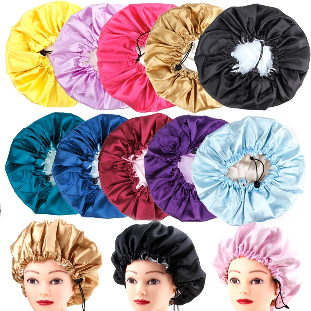 Sleep Satin Hat Curly Reversible Double Layer Layer Satin Night Cap Adjusting Button Silky Bonnet Women Hair Heating Cap Tool