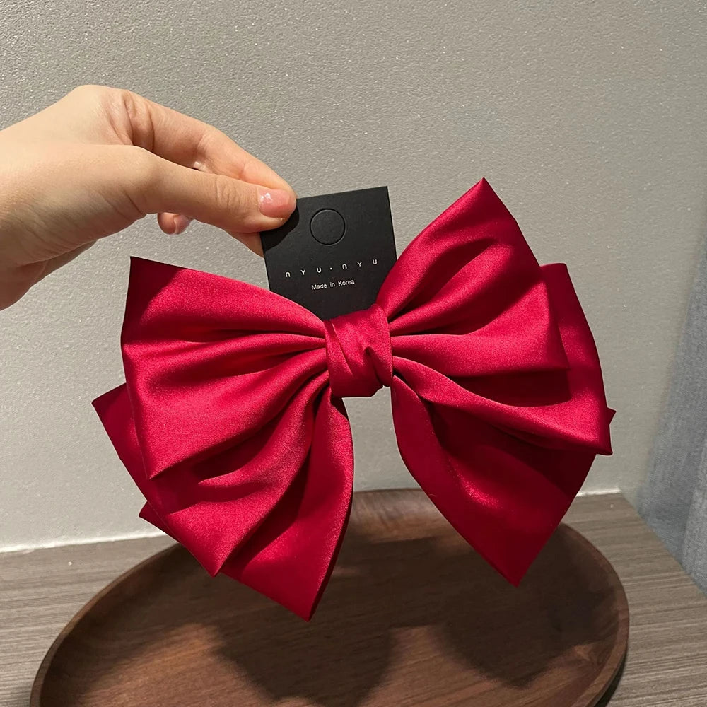 Female Satin Bow Hairpin Ponytail Clip Two-Layer Bowknot Ribbon Spring Clip Temperament Accessories Korean Fashion Elegant