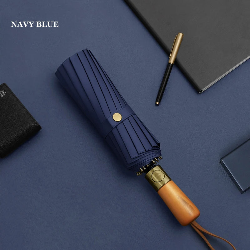 16 Ribs Full-Automatic Log Handle Umbrella for Men Large Three-Fold Women Sunshade Luxury Business Windproof Folding Umbrellas